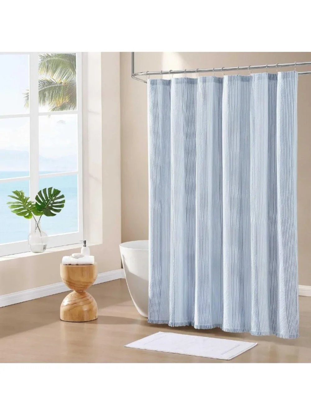Coastal Stripe Shower Curtain, Soft Cotton Blend, Breathable Fabric, 70x72 Ocean